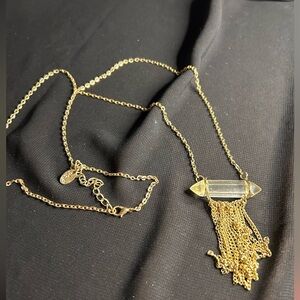 ETC! VTG Unique Long gold tone Metal necklace with fake clear crystal.